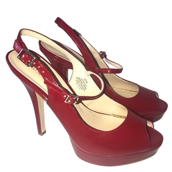 Enzo Angiolini Red Patent Leather Peep Toe Slingback Platform Heels - Picture 1 of 16